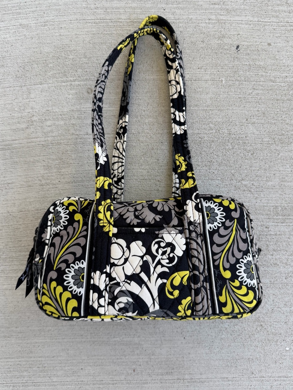 Vintage Vera Bradley Quilted Barrel Shoulder Yellow Black Floral Cotton Handbag
